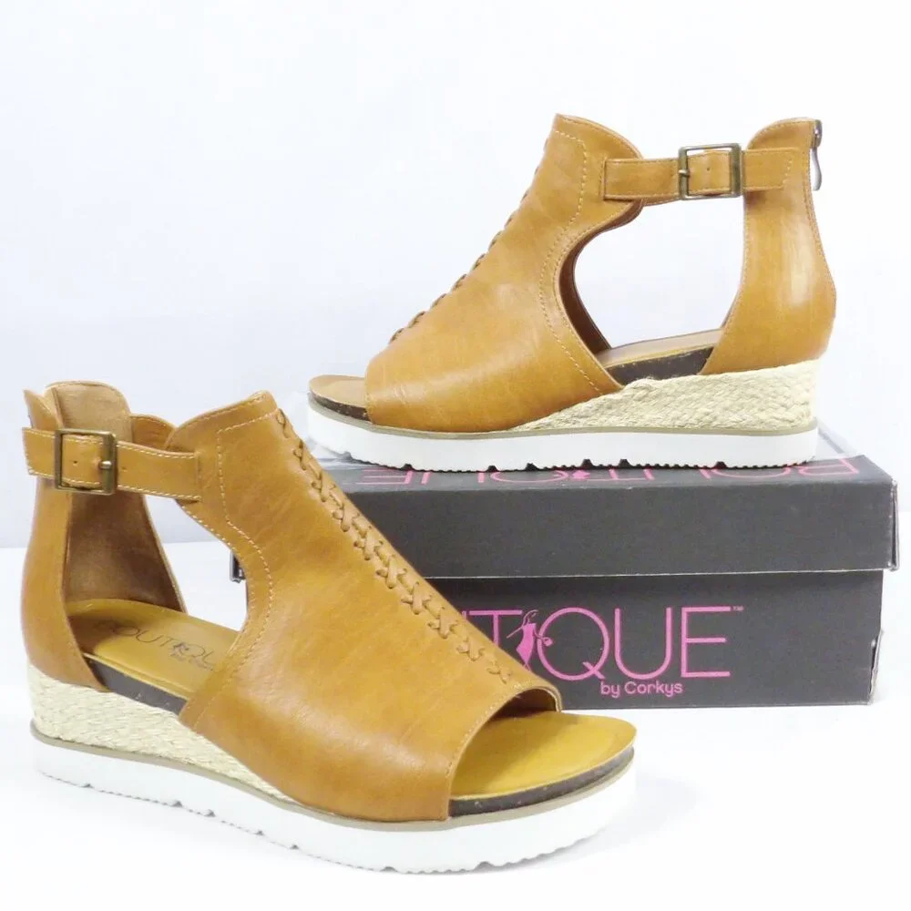 Corkys SUGAR CITY Espadrille Low Wedge Sandals Cognac Brown NIB Open Toe